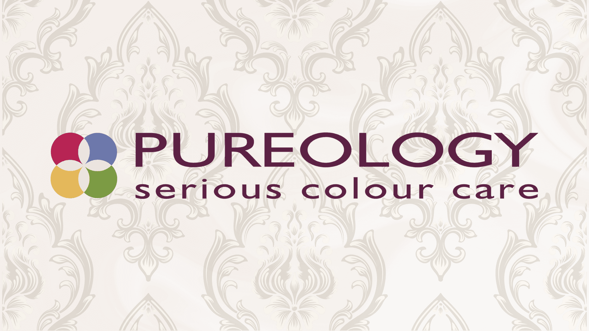 PUREOLOGY logo and slogan on an elegant, patterned background.